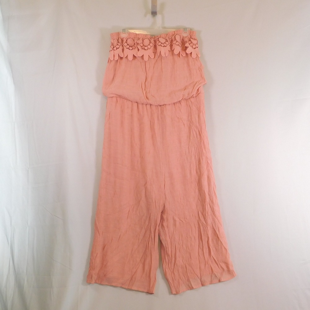 Kings Road Womens L Strapless Wide Leg Jumpsuit Romper Peach Crochet Trim